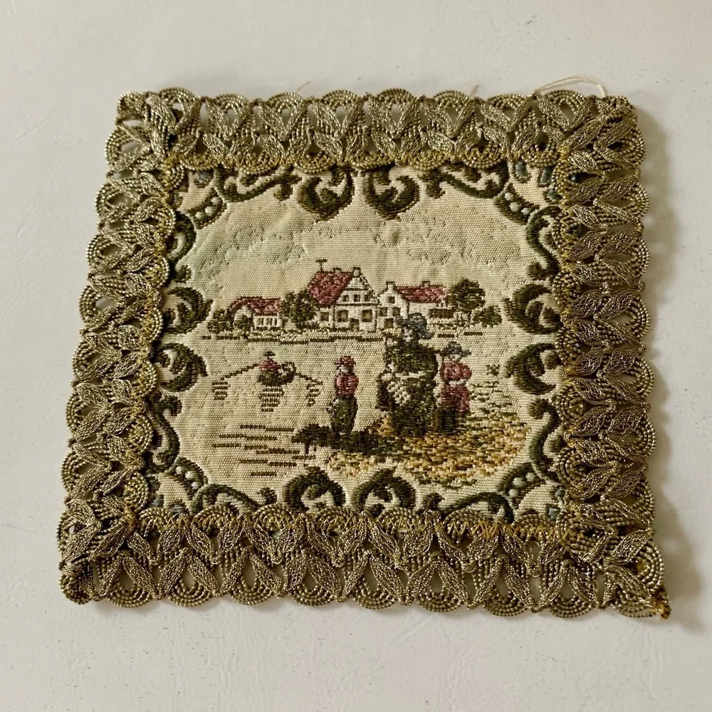 Antique square floral table doilies gold trim embroidered